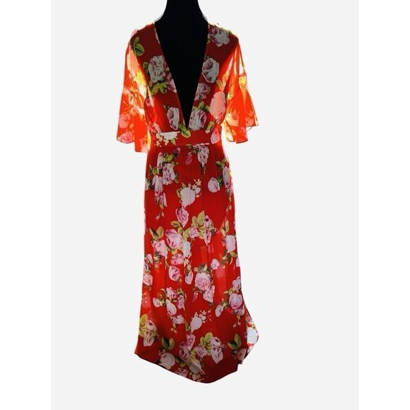 NWT BCBGMAXAZRIA Scarlet Rose Bloom Kimono Deep V Maxi Dress Women’s 6/S - Picture 9 of 16